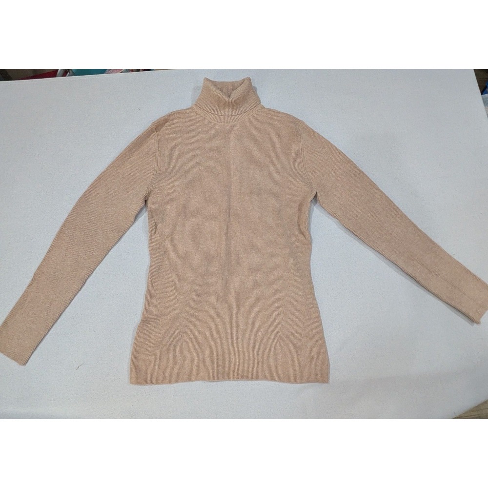 Orvis Turtleneck Sweater Womens Medium Tan Excellent Ribbed Knit Cotton Blend